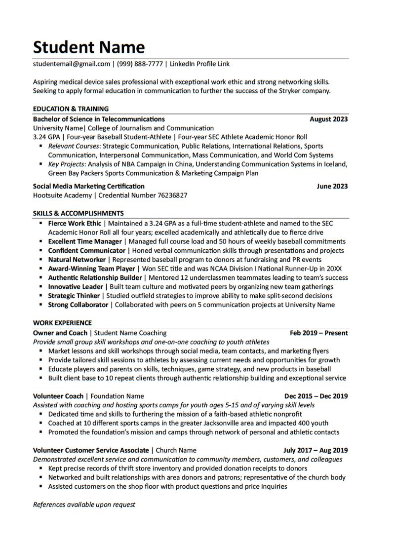 Example of student athlete resume